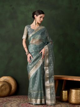 Suha - Women Green Khadi Organza Fabric Weaving Work Saree with Unstitched Blouse