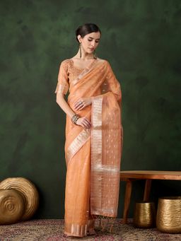 Suha - Women Peach Khadi Organza Fabric Weaving Work Saree with Unstitched Blouse