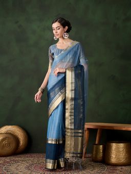 Suha - Women Blue Khadi Organza Fabric Weaving Work Saree with Unstitched Blouse
