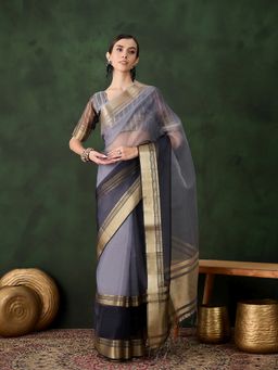Suha - Women Grey Khadi Organza Fabric Weaving Work Saree with Unstitched Blouse