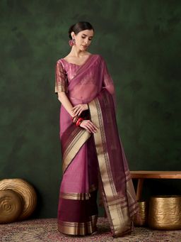 Suha - Women Wine Khadi Organza Fabric Weaving Work Saree with Unstitched Blouse