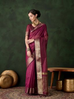 Suha - Women Magenta Khadi Organza Fabric Weaving Work Saree with Unstitched Blouse