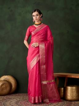 Suha - Women Pink Khadi Organza Fabric Weaving Work Saree with Unstitched Blouse