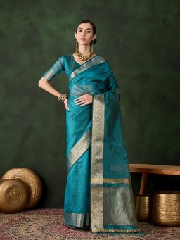 Suha - Women Teal Khadi Organza Fabric Weaving Work Saree with Unstitched Blouse