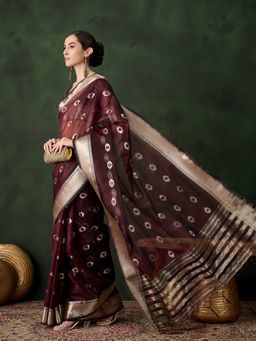 Suha - Women Purple Khadi Organza Fabric Weaving Work Saree with Unstitched Blouse