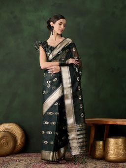 Suha - Women Black Khadi Organza Fabric Weaving Work Saree with Unstitched Blouse