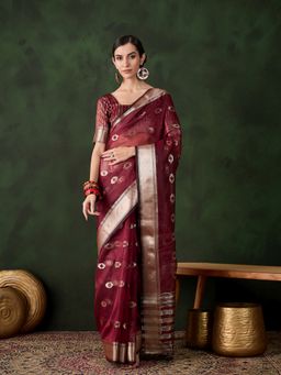 Suha - Women Maroon Khadi Organza Fabric Weaving Work Saree with Unstitched Blouse