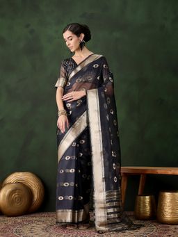 Suha - Women Navy Blue Khadi Organza Fabric Weaving Work Saree with Unstitched Blouse