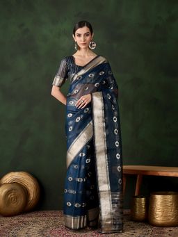 Suha - Women Teal Khadi Organza Fabric Weaving Work Saree with Unstitched Blouse
