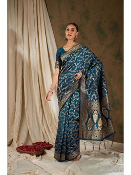 Suha - Stunning Petrol Blue Banarasi Silk Saree with Unstitched Blouse