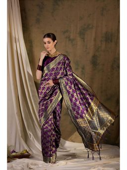 Suha - Women Wine Banarasi Silk Saree with Unstitched Blouse