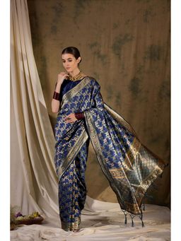 Suha - Women Navy Blue Banarasi Silk Saree with Unstitched Blouse