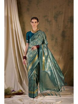 Suha - Women Teal Blue Banarasi Silk Saree with Unstitched Blouse