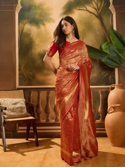 Suha - Vibrant Red Banarasi Silk Saree with Unstitched Blouse
