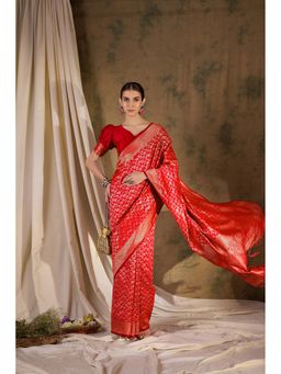 Suha - Festive Red Banarasi Silk Saree with Unstitched Blouse
