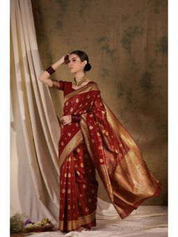 Suha - Maroon Banarasi Silk Saree with Unstitched Blouse