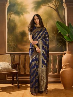 Suha - Navy Blue Banarasi Silk Saree with Unstitched Blouse