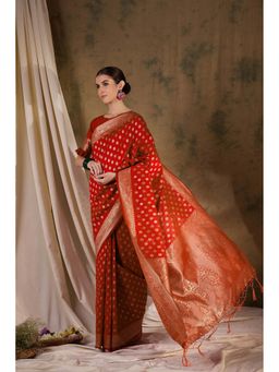 Suha - Bright Red Banarasi Silk Saree with Unstitched Blouse