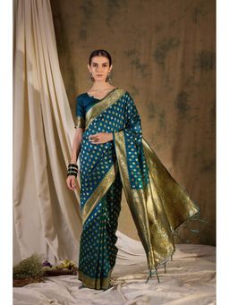 Suha - Teal Blue Banarasi Silk Saree with Unstitched Blouse