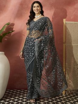 Suha - Women Black Net Saree with Unstitched Blouse