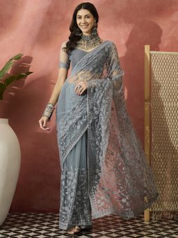 Suha - Light Grey Net Saree with Unstitched Blouse