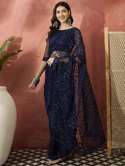 Suha - Navy Blue Net Saree with Unstitched Blouse