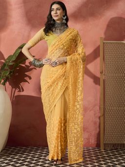 Suha - Bright Yellow Net Saree with Unstitched Blouse