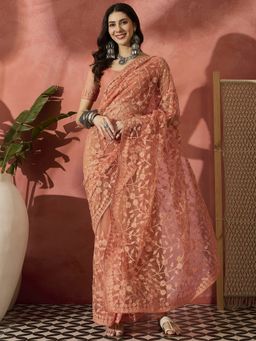 Suha - Women Peach Net Saree with Unstitched Blouse