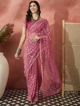 Suha - Women Pink Net Saree with Unstitched Blouse