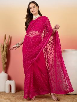 Suha - Rani Pink Net Saree with Unstitched Blouse