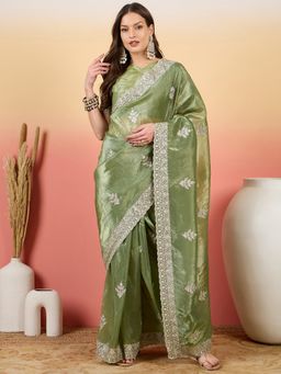 Suha - Sea Green Gold Crush Saree with Unstitched Blouse