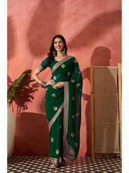 Suha - Bottle Green Georgette Saree with Unstitched Blouse