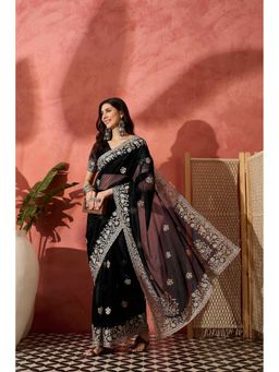 Suha - Black Twill Net Saree with Unstitched Blouse