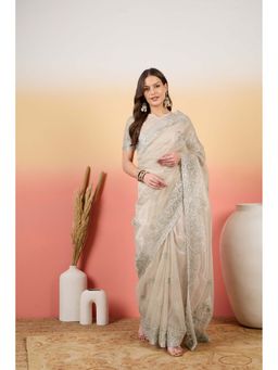 Suha - Cream Twill Net Saree with Unstitched Blouse