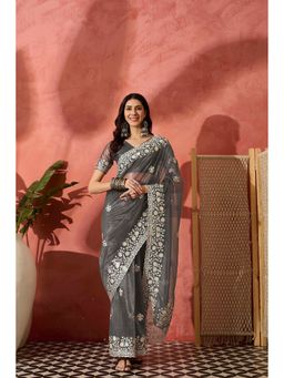 Suha - Grey Twill Net Saree with Unstitched Blouse
