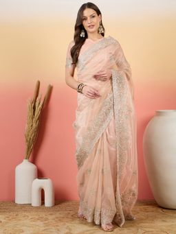 Suha - Peach Twill Net Saree with Unstitched Blouse