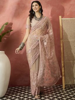 Suha - Women Dusty Pink Net Saree with Unstitched Blouse