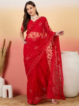 Suha - Women Red Net Saree with Unstitched Blouse