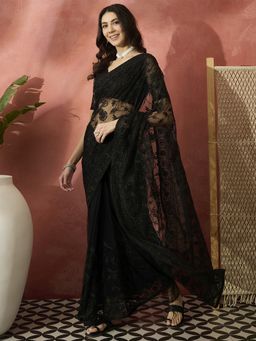 Suha - Women Black Net Saree with Unstitched Blouse