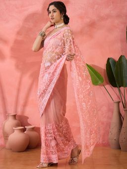 Suha - Pink Net Saree with Unstitched Blouse