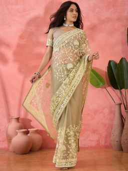 Suha - Pale Yellow Net Saree with Unstitched Blouse