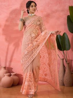 Suha - Peach Net Saree with Unstitched Blouse