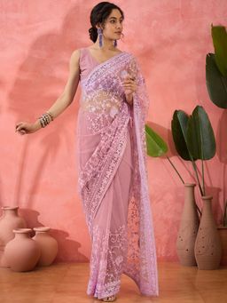 Suha - Lavender Net Saree with Unstitched Blouse