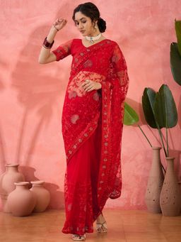 Suha - Red Net Saree with Unstitched Blouse
