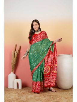 Suha - Women Green Moss Crush Fabric Printed Work Saree with Unstitched Blouse