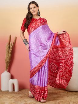 Suha - Women Red Moss Crush Fabric Printed Work Saree with Unstitched Blouse