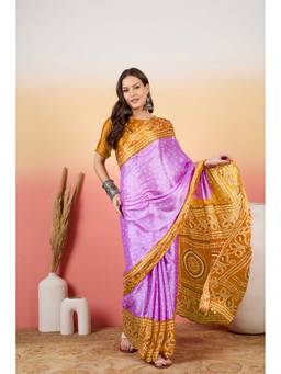 Suha - Mustard Moss Crush Fabric Printed Work Saree with Unstitched Blouse