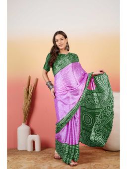 Suha - Green Moss Crush Fabric Printed Work Saree with Unstitched Blouse