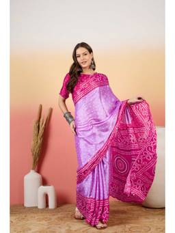 Suha - Pink Moss Crush Fabric Printed Work Saree with Unstitched Blouse