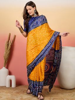 Suha - Blue Moss Crush Fabric Printed Work Saree with Unstitched Blouse